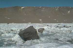There are HUGE ROCKS on the surface of the lake ice.  How did they get there?